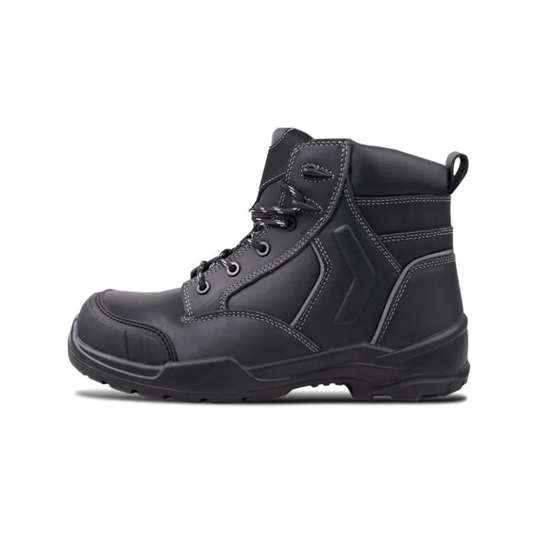 Black work boot with padded collar, reinforced toe, and rugged tread sole for durability.
