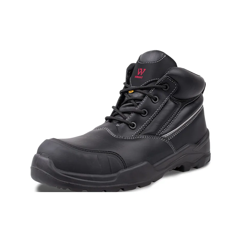 Sturdy Black Safety Boot with Padded Collar Leather Panels and Rugged Tread on a White Background
