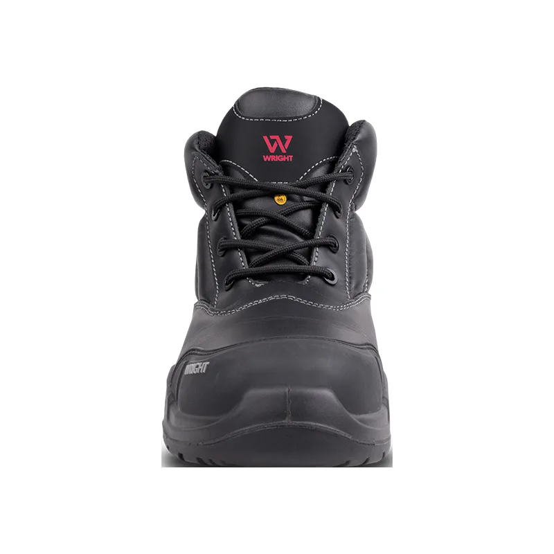 Front View of a Black Wright Work Boot with Laces and White Stitching Visible on the Tongue