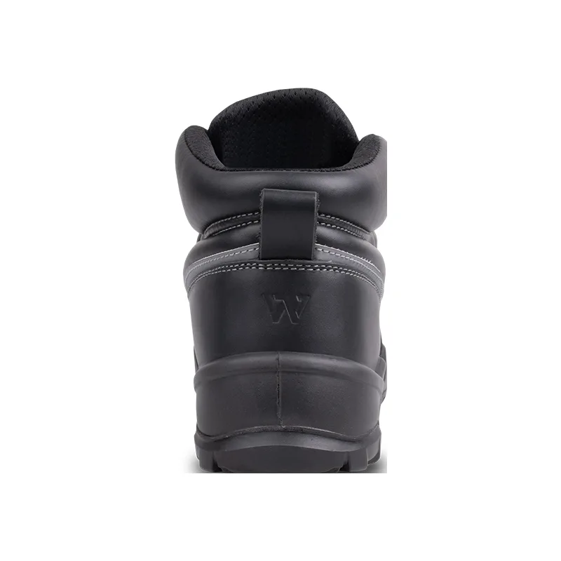 Rear View of a Black Leather Boot with Padded Collar and Pull Tab on White Background