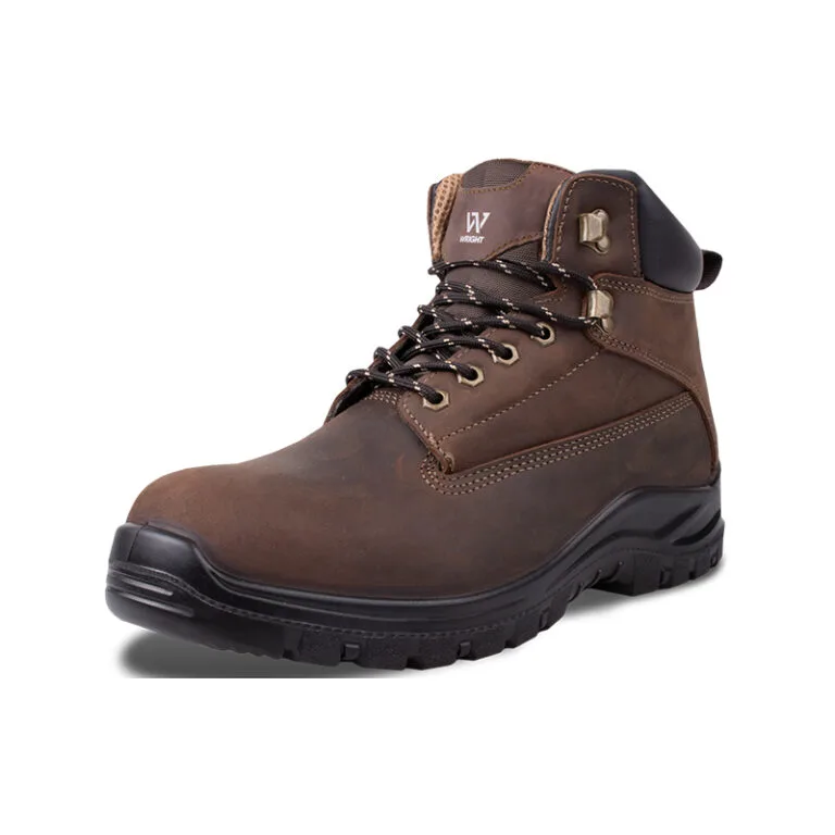 Brown leather work boot with black rugged sole and metal eyelets, padded collar, laces, and stitched detailing.