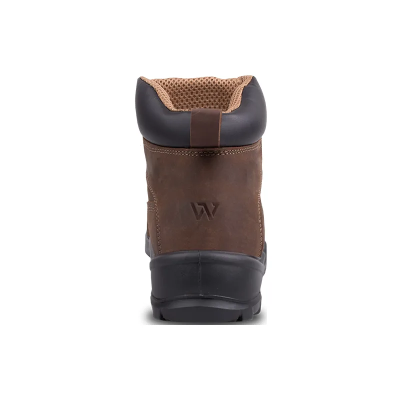 Rear View of a Brown Leather Hiking Boot with a Padded Black Collar and Chunky Outsole