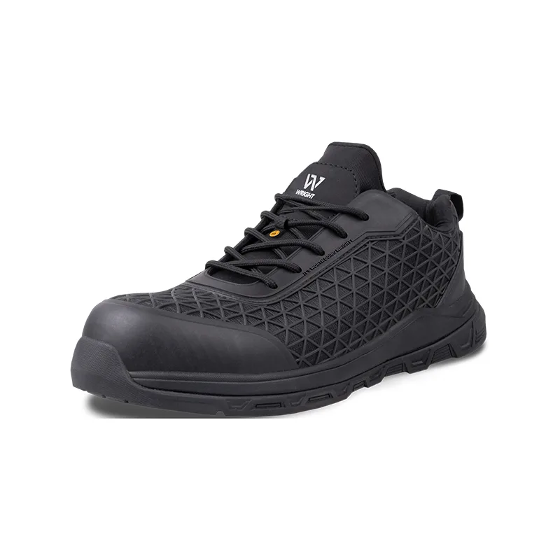 Black Safety Sneaker with a Reinforced Toe Geometric Patterned Upper and Lace up Closure