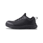 Wright-KPU Sneaker 3 | Securadeal Side View of a Black Athletic Sneaker with a Geometric Lattice Pattern on the Upper and a Chunky Sole Lace up Style Shoe