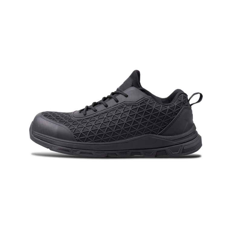 Side view of a black athletic sneaker with a geometric lattice pattern on the upper and a chunky sole, lace-up style shoe.
