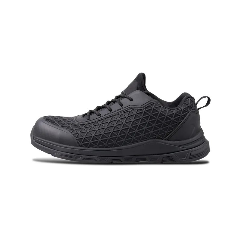 Side View of a Black Athletic Sneaker with a Geometric Lattice Pattern on the Upper and a Chunky Sole Lace up Style Shoe