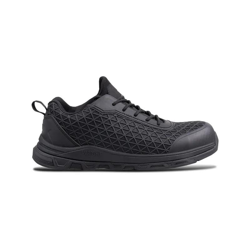 Black Athletic Sneaker with a Geometric Lattice patterned Upper and Rugged Sole