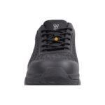Wright-KPU Sneaker 5 | Securadeal Front View of a Black Athletic Shoe with a Textured Upper Rubber Toe Cap and Laced Closure Showing a Small Yellow Badge on the Laces