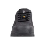Wright-KPU Sneaker 5 | Securadeal Front View of a Black Athletic Shoe with a Textured Upper Rubber Toe Cap and Laced Closure Showing a Small Yellow Badge on the Laces