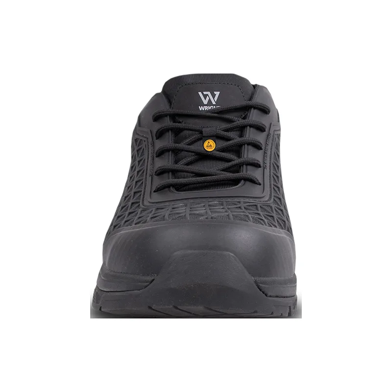Front View of a Black Athletic Shoe with a Textured Upper Rubber Toe Cap and Laced Closure Showing a Small Yellow Badge on the Laces