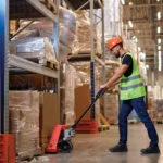 Wright-KPU-Sneaker-Lifestyle | Securadeal Warehouse Worker in a Neon Vest and Orange Hard Hat Operating a Pallet Jack Beside Tall Shelves Loaded with Wrapped Pallets