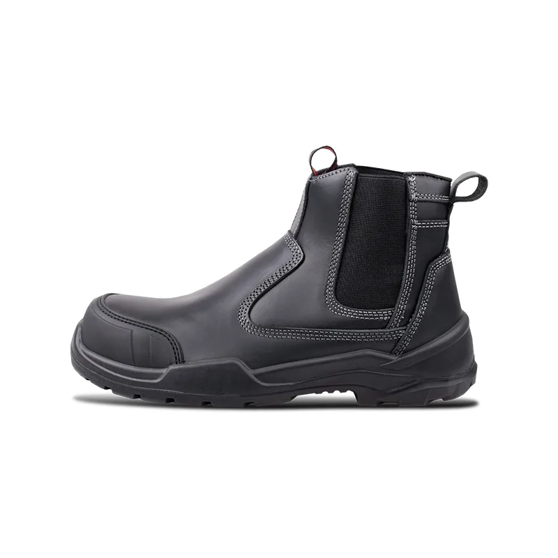 Black Leather Ankle Boot with Elastic Side Panel and Rugged Tread Sole for Workwear or Outdoor Use