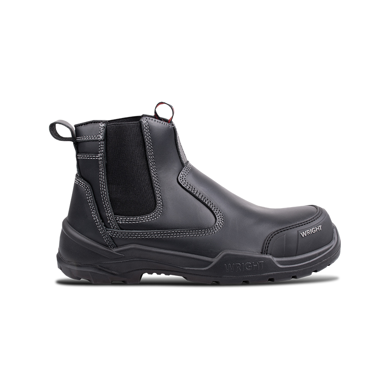Wright-Onyx Black 4 | Securadeal Black Mid cut Work Boot in Dark Gray Leather with Elastic Side Panel and Pull Tabs Brand Wright on Toe Cap