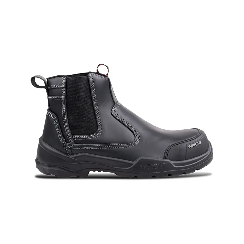 Black Mid cut Work Boot in Dark Gray Leather with Elastic Side Panel and Pull Tabs Brand Wright on Toe Cap