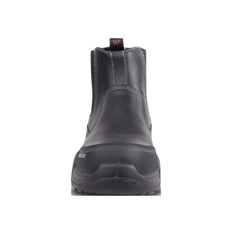 Front view of a black leather safety boot with reinforced toe and rugged outsole, viewed head-on with back pull-tab visible.