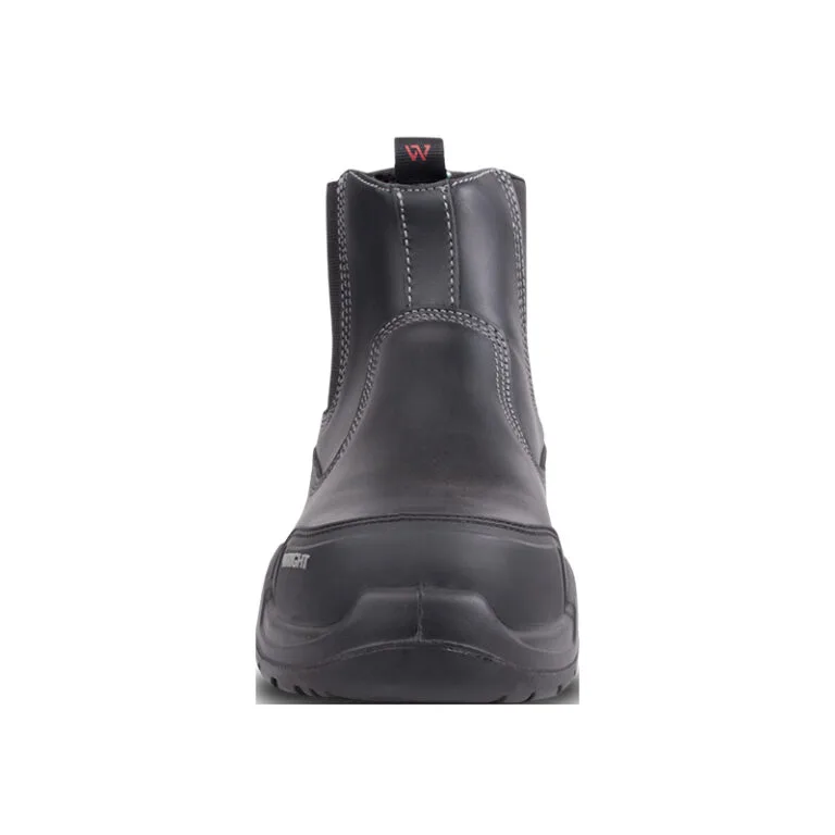 Front view of a black leather safety boot with reinforced toe and rugged outsole, viewed head-on with back pull-tab visible.