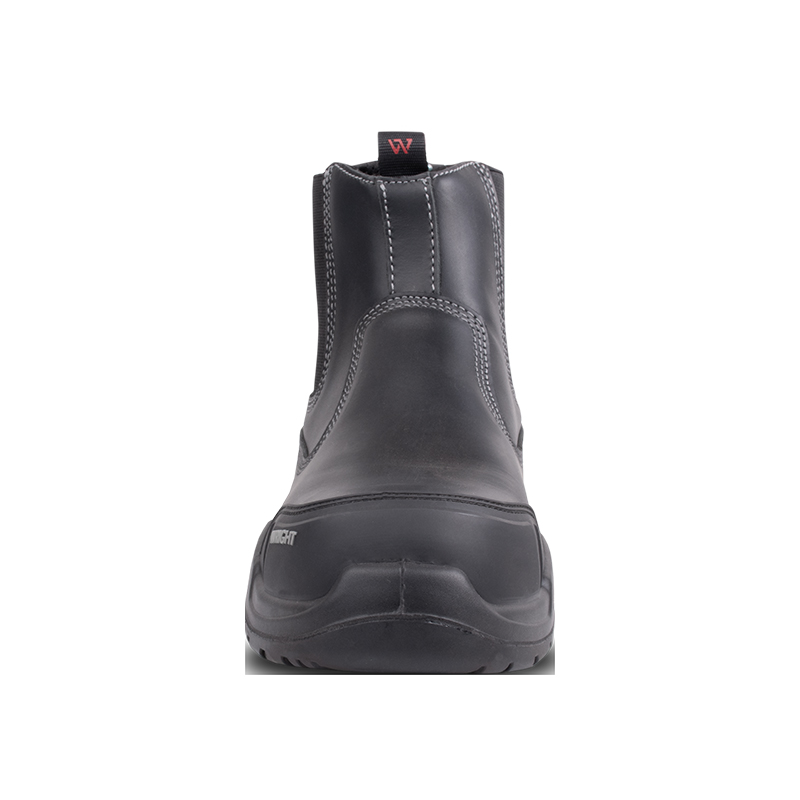 Wright-Onyx Black 5 | Securadeal Front View of a Black Leather Safety Boot with Reinforced Toe and Rugged Outsole Viewed Head on with Back Pull tab Visible