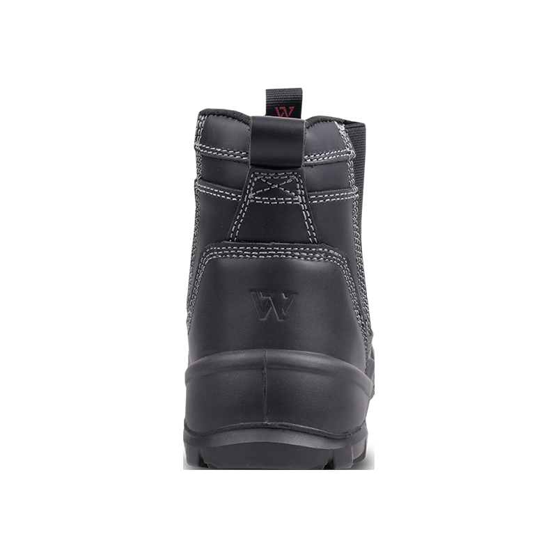 Wright-Onyx Black 6 | Securadeal Back View of a Black Leather Boot with White Stitching and a Pull Tab at the Top