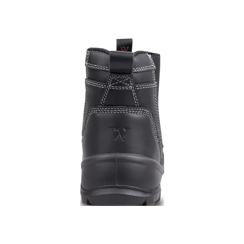 Back View of a Black Leather Boot with White Stitching and a Pull Tab at the Top