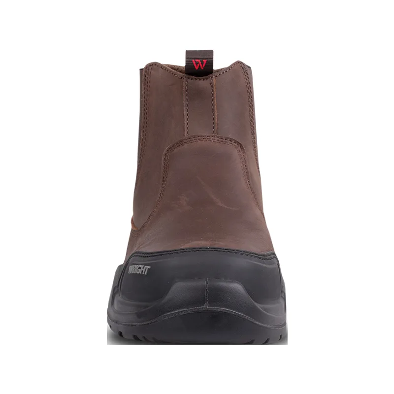 Back View of a Brown Leather Boot with a Black Rugged Sole and Pull tab Featuring a Red w Mark