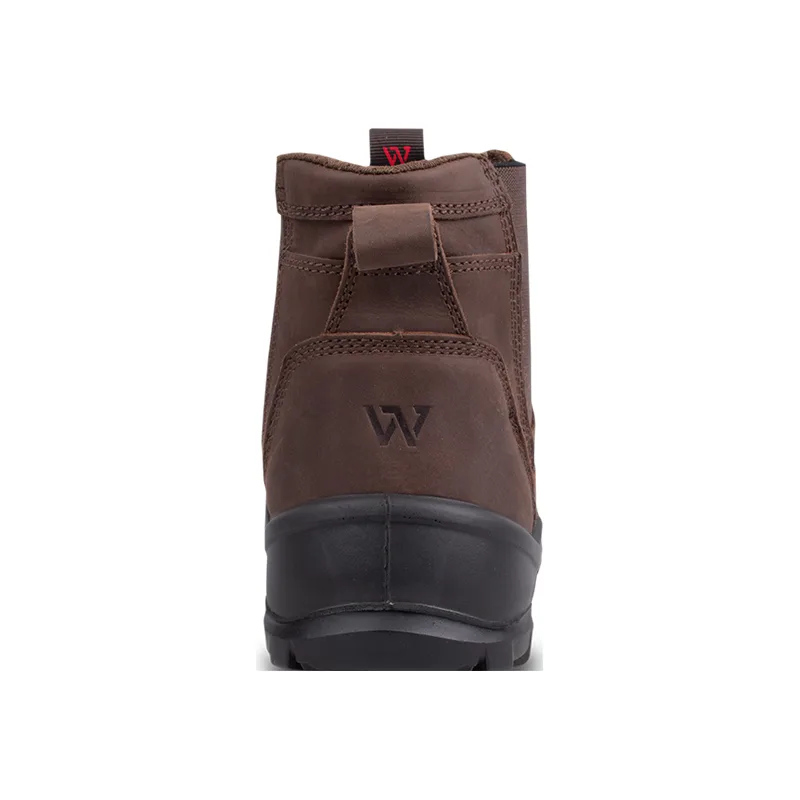 Brown Leather Ankle Boot Shown from the Back with a Black Sole and a Small W Logo on the Heel Area