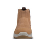 Wright-Onyx Tan 5 | Securadeal Front View of a Tan Leather Ankle Boot with a Chunky Light Gray Sole and Pull tab at the Back Edge of the Shaft