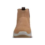 Wright-Onyx Tan 5 | Securadeal Front View of a Tan Leather Ankle Boot with a Chunky Light Gray Sole and Pull tab at the Back Edge of the Shaft
