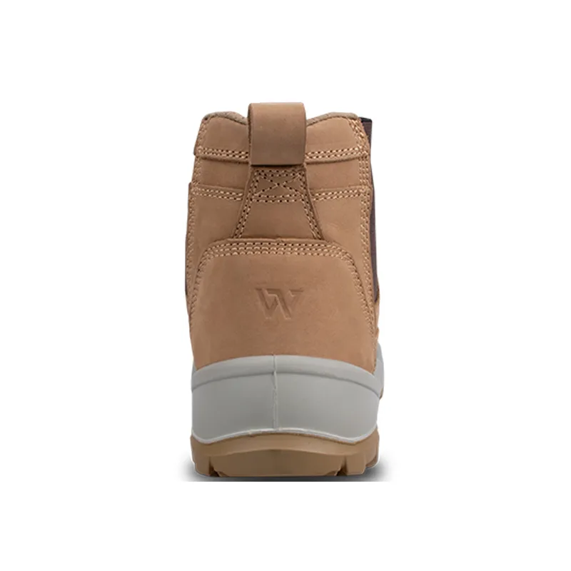 Back View of Tan Leather Boot with Gray Sole and Reinforced Heel Detail Brand Embossed on Heel
