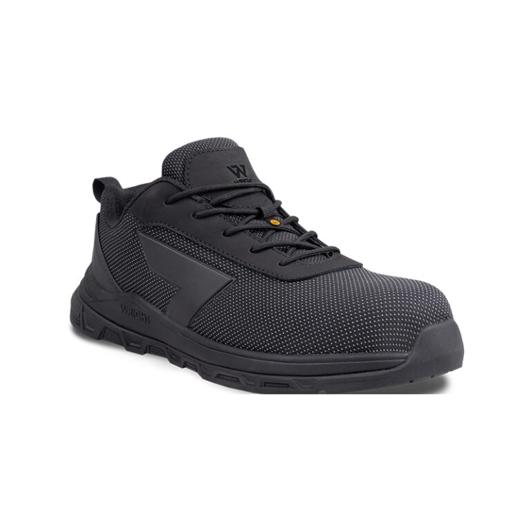 Black athletic shoe with dotted mesh upper, side panel, and rugged outsole (3/4 view).