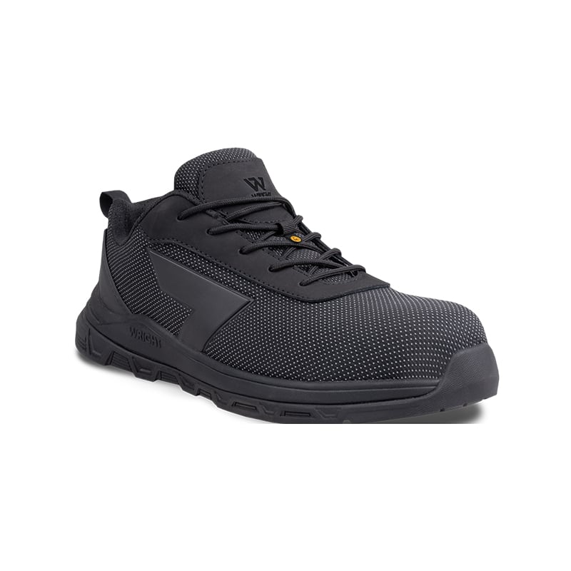 Black athletic shoe with dotted mesh upper, side panel, and rugged outsole (3/4 view).