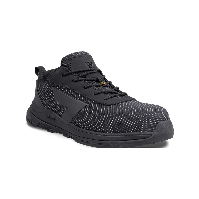 Black athletic shoe with dotted mesh upper, side panel, and rugged outsole (3/4 view).