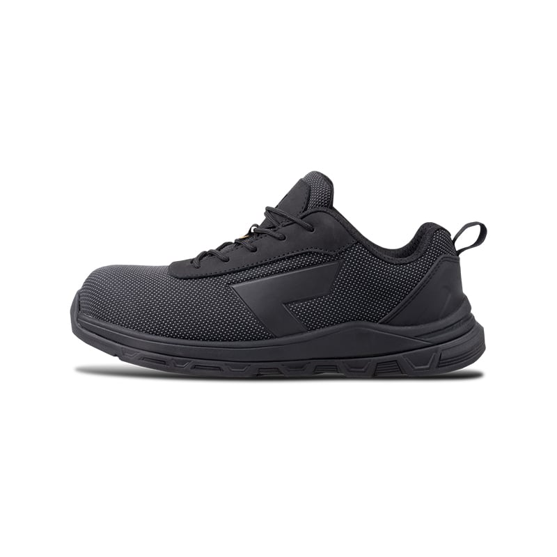 Wright-PU Tek Sneaker 3 | Securadeal Black athletic sneaker with a breathable mesh upper, laces, and a thick cushioned sole.
