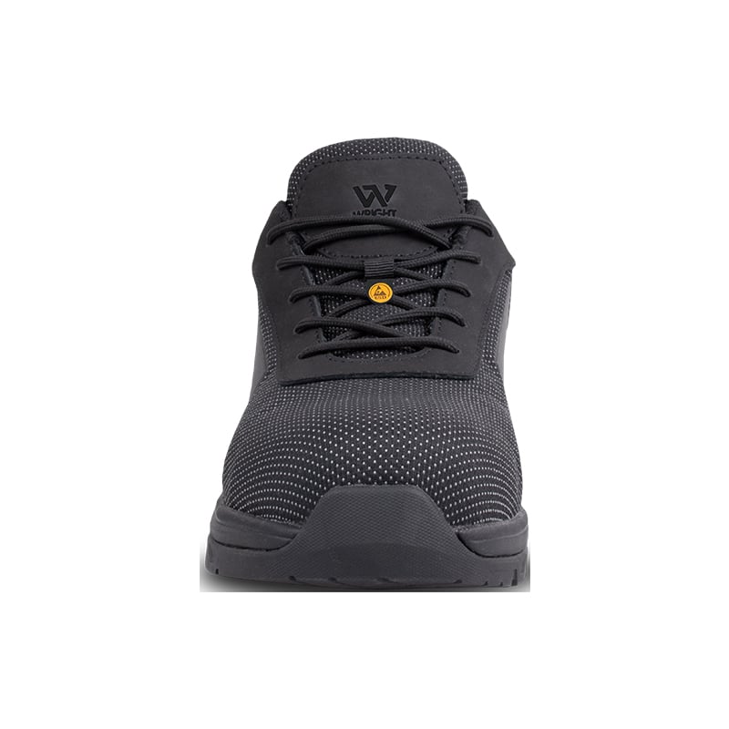 Wright-PU Tek Sneaker 5 | Securadeal Front view of a dark gray athletic sneaker with laces and a dotted knit upper