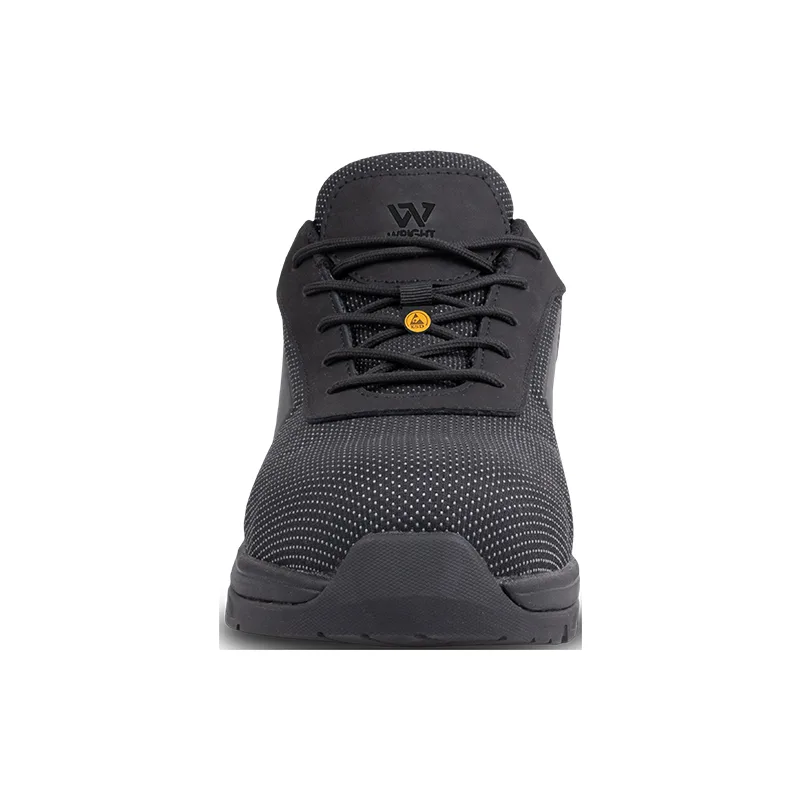 Front View of a Dark Gray Athletic Sneaker with Laces and a Dotted Knit Upper
