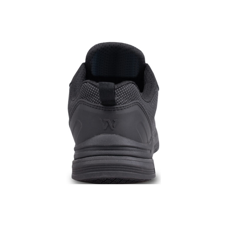 Rear view of a dark gray athletic sneaker with a padded collar and textured upper on a white background.