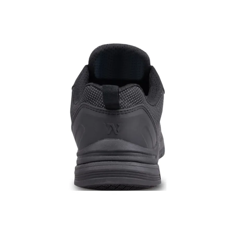 Rear view of a dark gray athletic sneaker with a padded collar and textured upper on a white background.