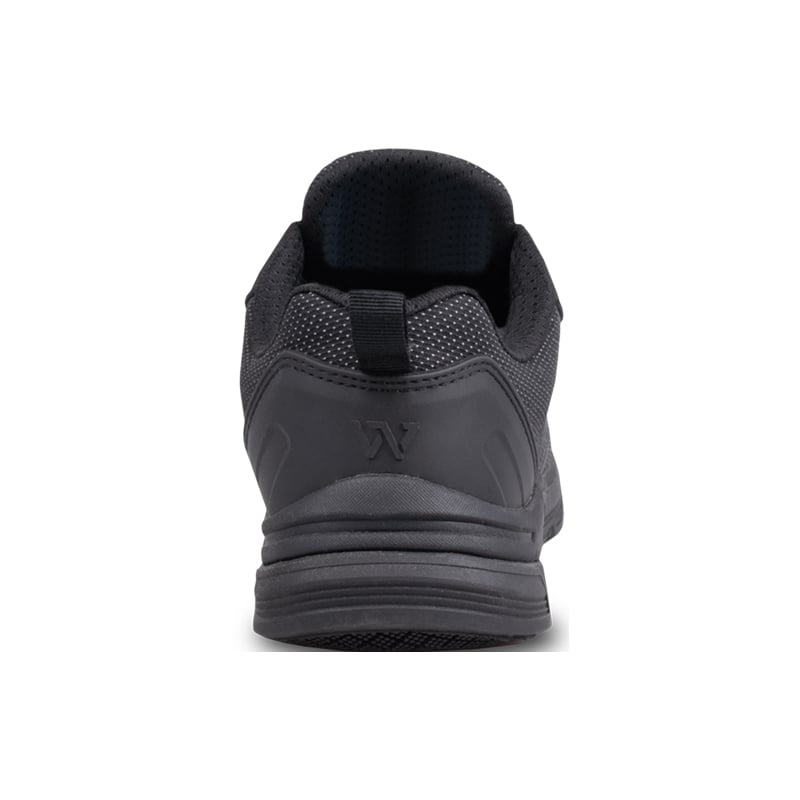 Wright-PU Tek Sneaker 6 | Securadeal Rear view of a dark gray athletic sneaker with a padded collar and textured upper on a white background.