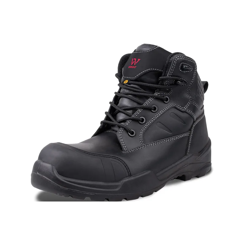 Black Safety Boot with Reinforced Toe and Rugged Sole White Stitching and Laces Up to the Ankle