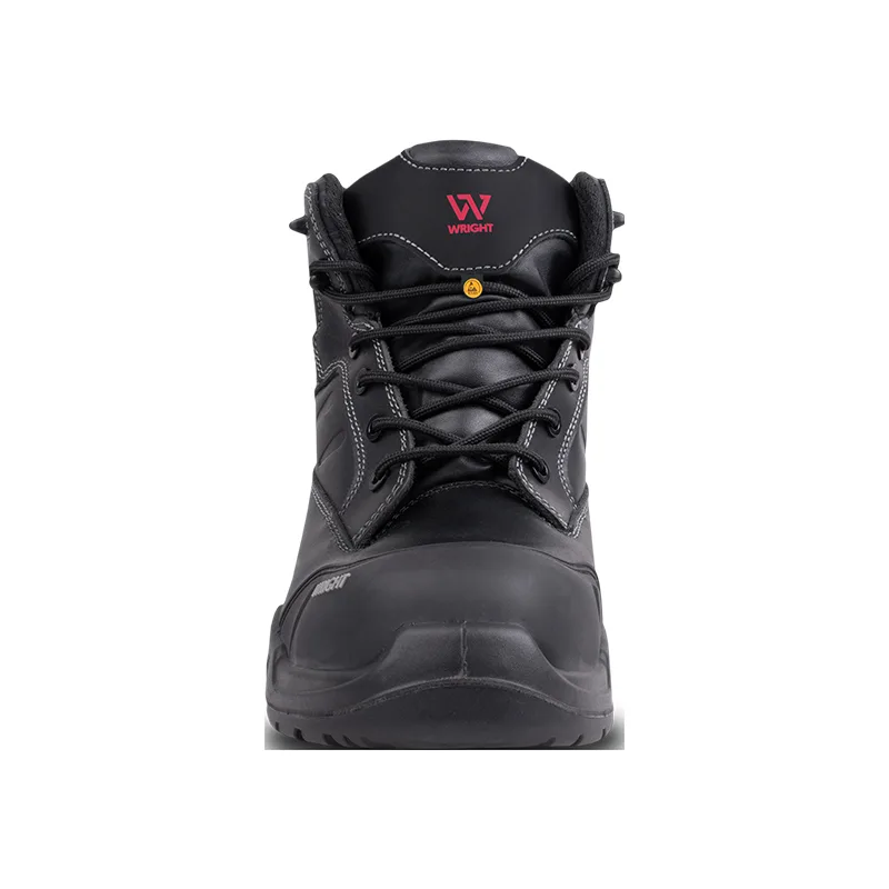 Front View of a Black Wright Safety Boot Laced Up with Reinforced Toe and Visible Stitching