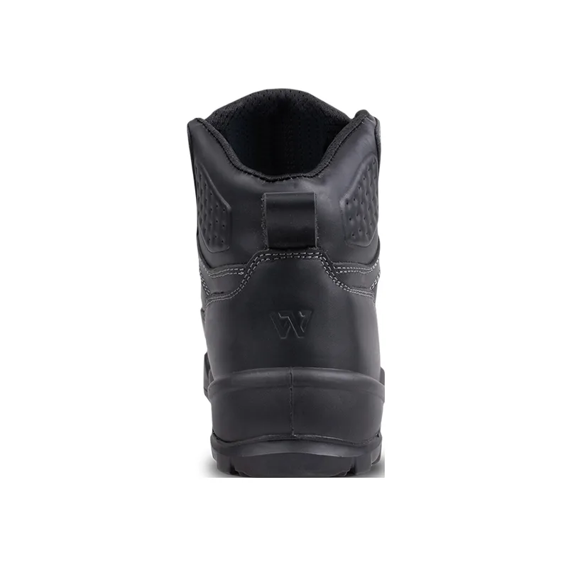 Back View of a Black Leather Work Boot with a Pull Tab and Padded Collar
