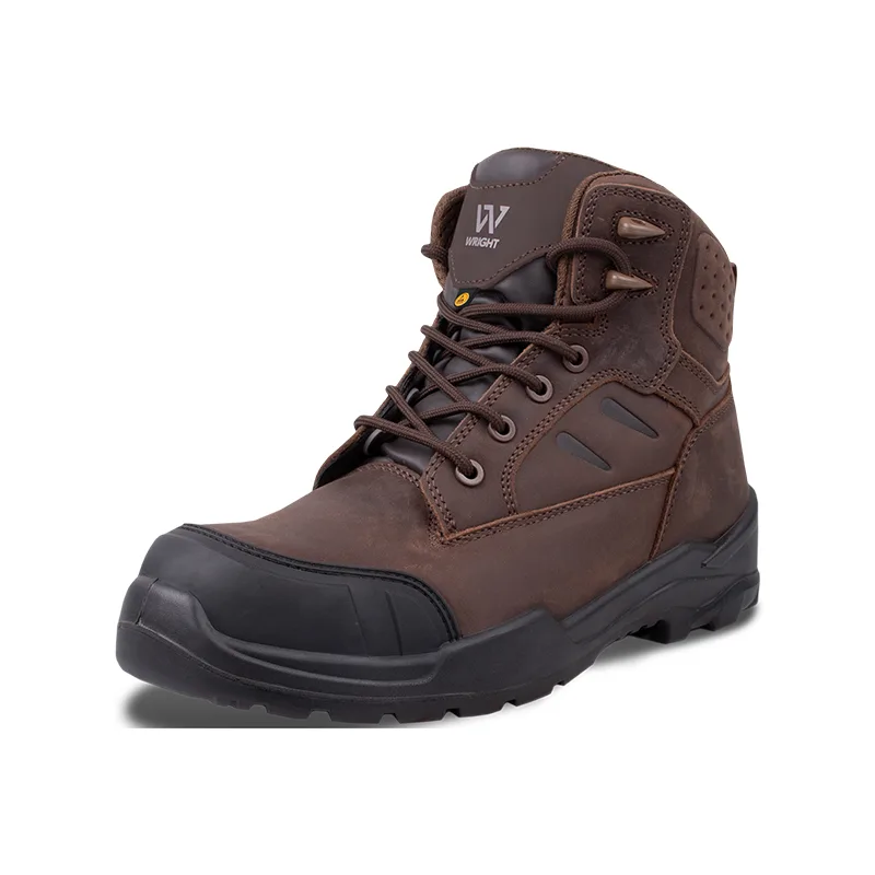 Brown Leather Safety Boot with Reinforced Toe Cap and Rugged Black Sole Shown at a Slight Angle