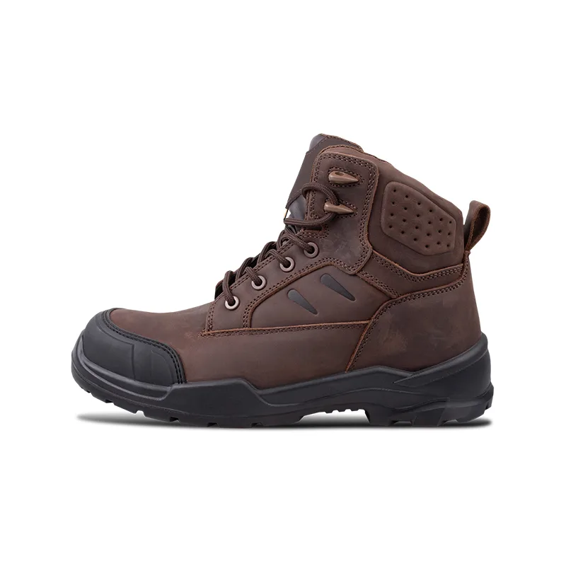 Brown Rugged Hiking Boot in Side View with Black Chunky Outsole and Padded Ankle
