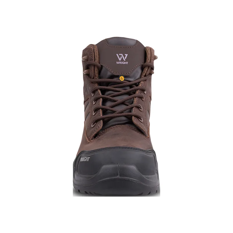 Front View of a Brown Wright Hiking Boot with a Black Reinforced Toe Cap and Laces