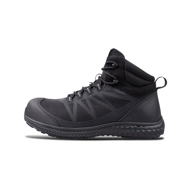 Wright-Supreme Hiker 3 | Securadeal Black mid-ankle hiking boot with laces and dotted tread sole, side view showcasing supportive ankle collar.