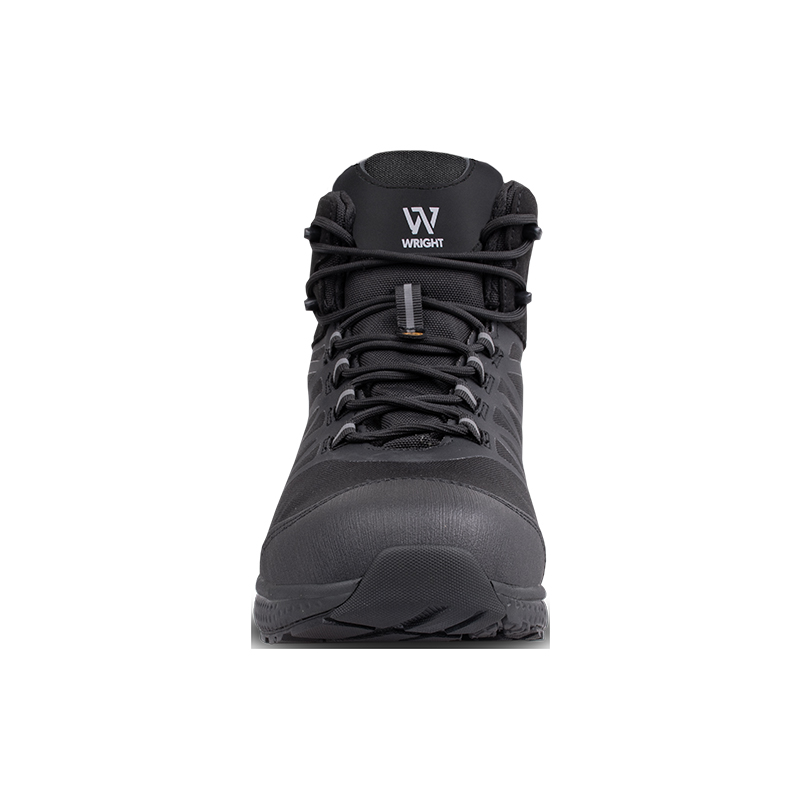 Wright-Supreme Hiker 5 | Securadeal Front view of a black Wright hiking boot with laced upper and rugged sole, showing toes and stitching details
