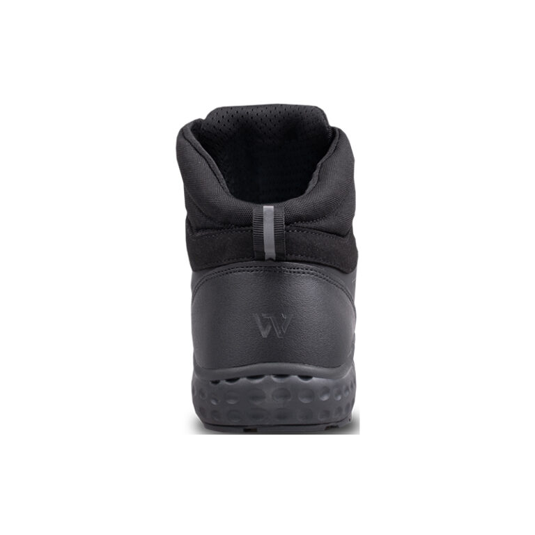 Back view of a black athletic shoe with padded collar and textured Nike-like dotted outsole; small loop at the heel.
