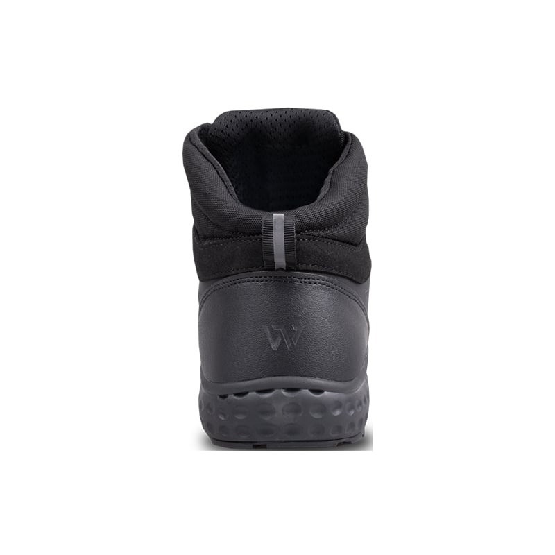 Wright-Supreme Hiker 6 | Securadeal Back view of a black athletic shoe with padded collar and textured Nike-like dotted outsole; small loop at the heel.