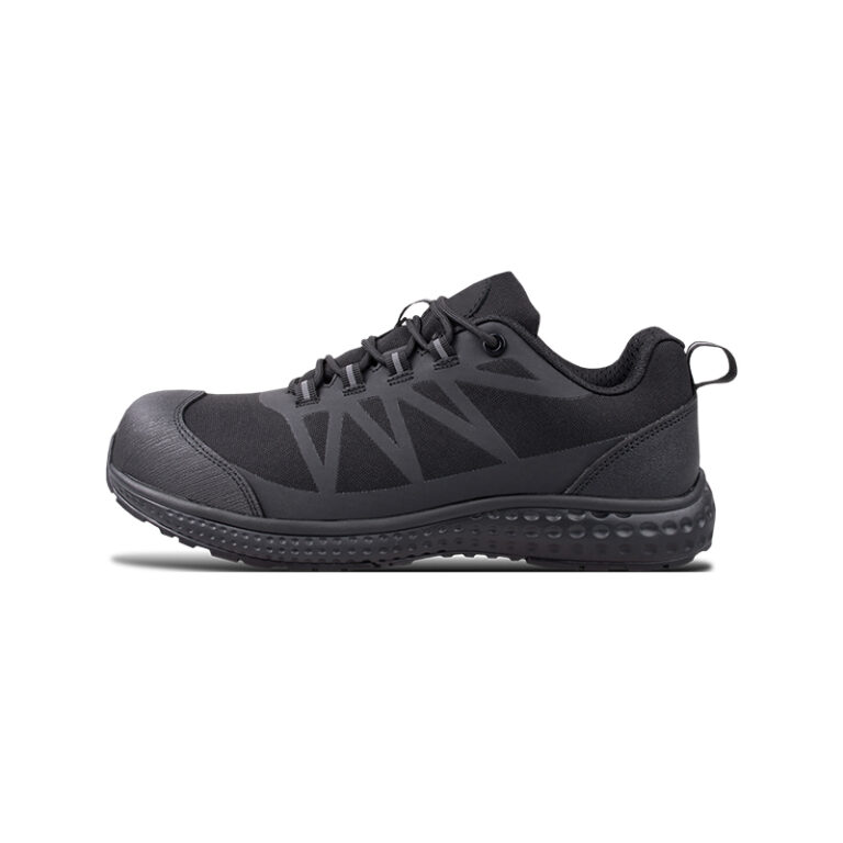 Black running sneaker with a chunky textured sole and geometric side panels viewed from the side.
