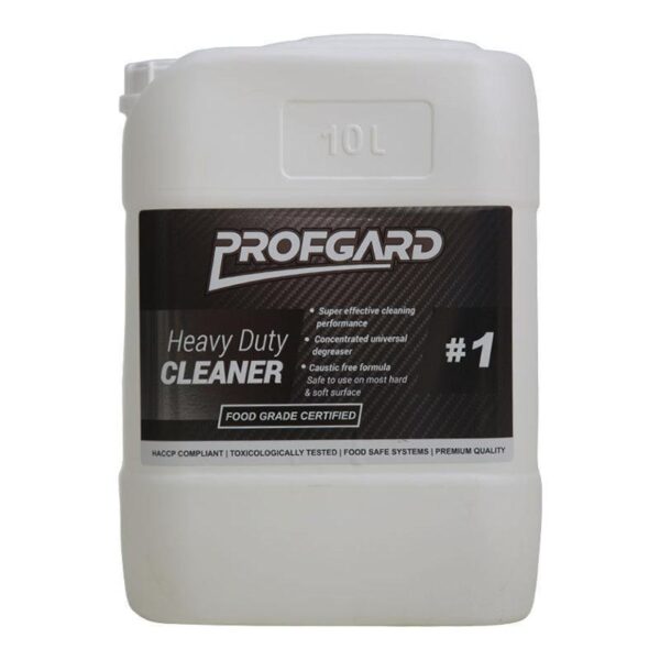 White 10-liter plastic bottle labeled 'Profgard Heavy Duty Cleaner' with '#1' and 'Food Grade Certified' on the black label.