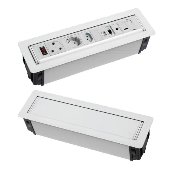 White recessed floor power module with two European Schuko outlets and USB ports (shown extended and closed).